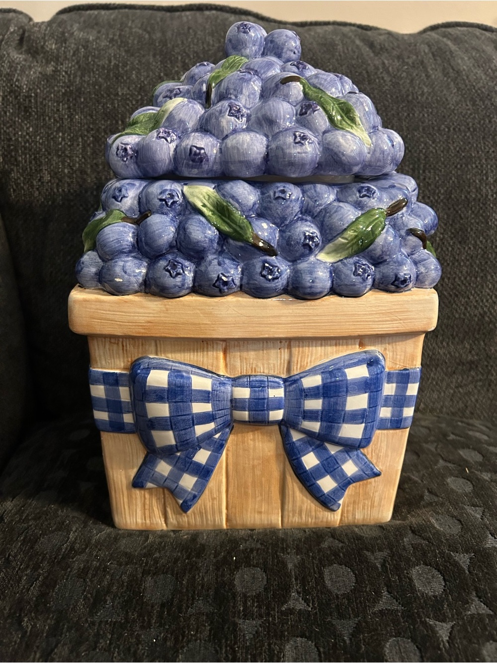 Certified International Blue Gingham Bow Blueberry Basket Canister